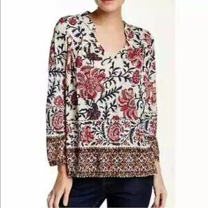 Lucky Brand Floral Ladder Lace Border Scarf Print Boho Top Small